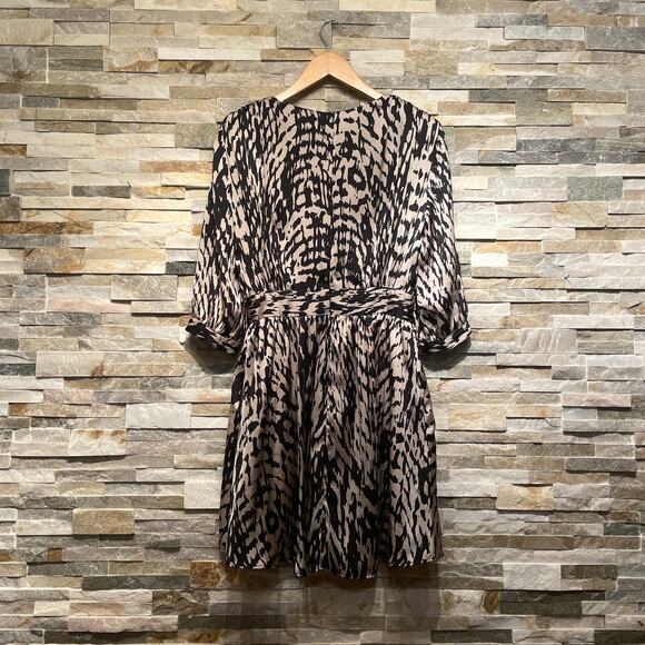 Sandro Paris Printed Black + Cream Silk Mini Dress 2 | Pockets Studded Rare NWOT - Picture 4 of 15